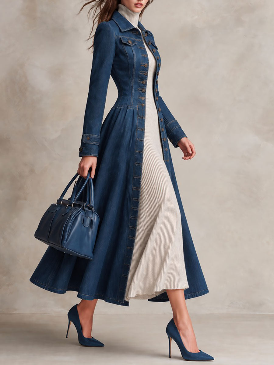 Gabardina vaquera retro larga y entallada de botonadura sencilla