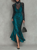 Conjunto de top de encaje transparente y vestido maxi satinado con escote drapeado y abertura