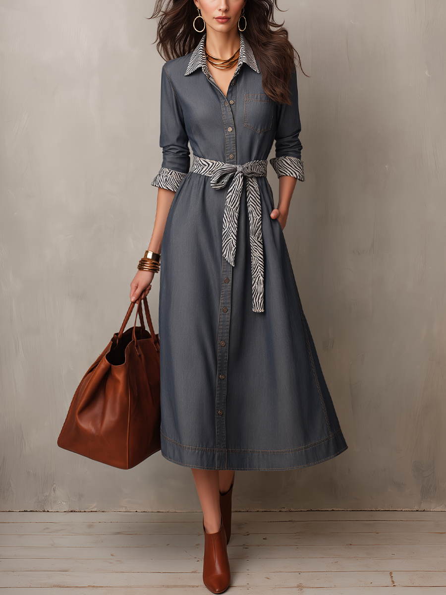 Vestido camisero vaquero para mujer con cuello de estampado de cebra y cinturón de lazo
