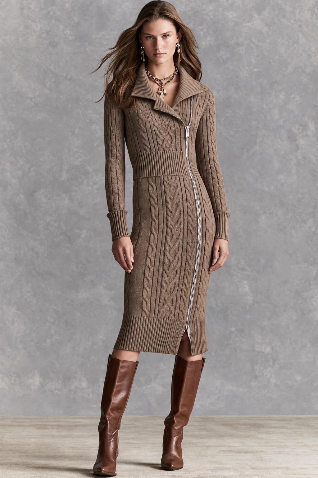 Vestido midi retro de punto trenzado color topo, con cuello y cremallera diagonal asimétrica