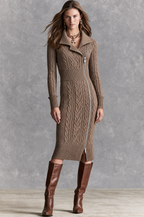 Vestido midi retro de punto trenzado color topo, con cuello y cremallera diagonal asimétrica