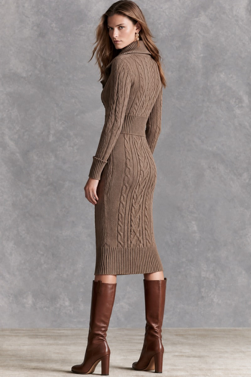 Vestido midi retro de punto trenzado color topo, con cuello y cremallera diagonal asimétrica