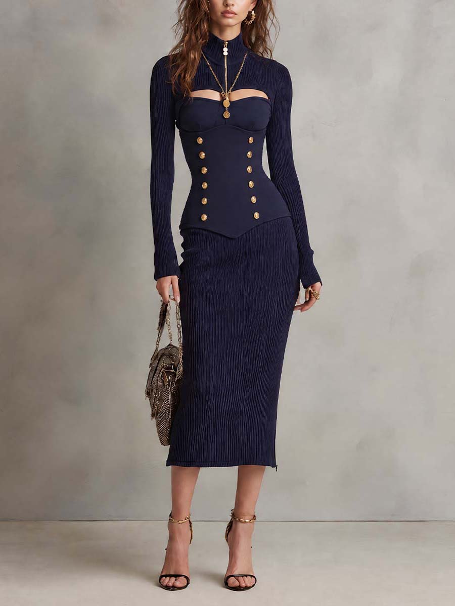 Vestido midi elegante de punto acanalado tipo corsé con aberturas y detalles de botones dorados