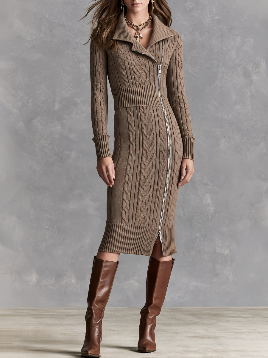 Vestido midi retro de punto trenzado color topo, con cuello y cremallera diagonal asimétrica