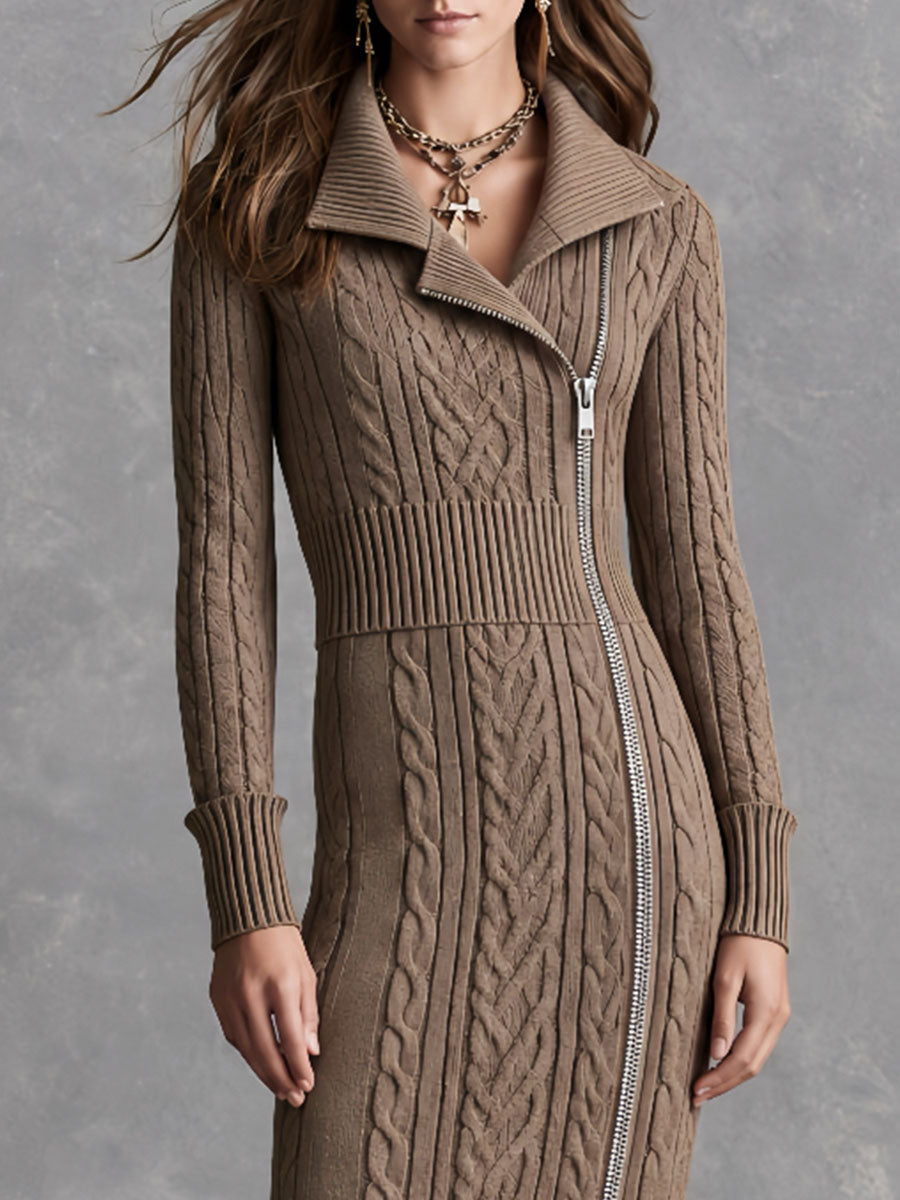Vestido midi retro de punto trenzado color topo, con cuello y cremallera diagonal asimétrica