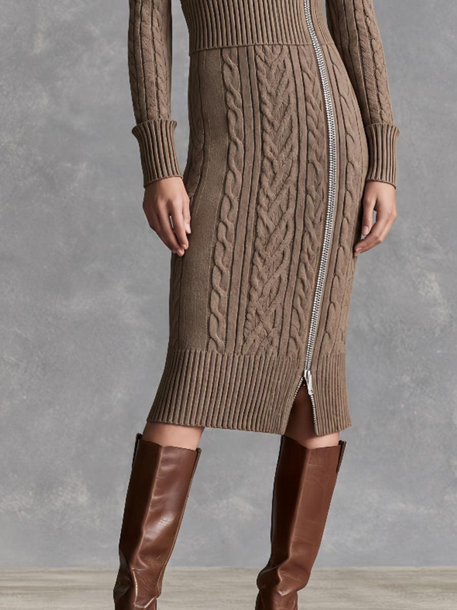 Vestido midi retro de punto trenzado color topo, con cuello y cremallera diagonal asimétrica