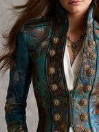 Chaqueta corta entallada tipo cropped con botones de patrón barroco victoriano y charreteras