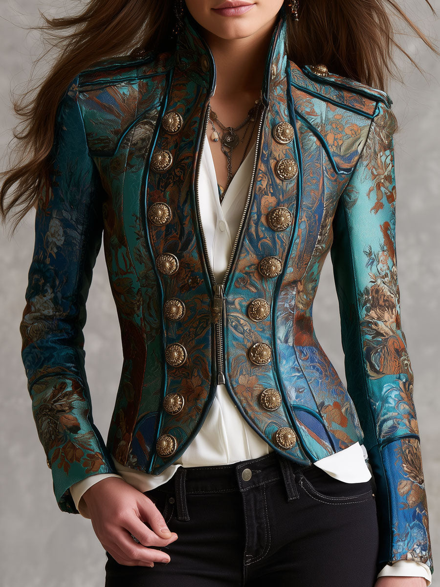 Chaqueta corta entallada tipo cropped con botones de patrón barroco victoriano y charreteras