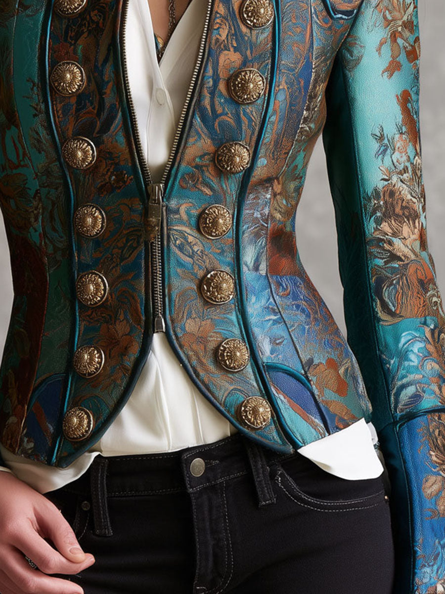Chaqueta corta entallada tipo cropped con botones de patrón barroco victoriano y charreteras