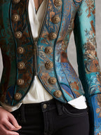 Chaqueta corta entallada tipo cropped con botones de patrón barroco victoriano y charreteras