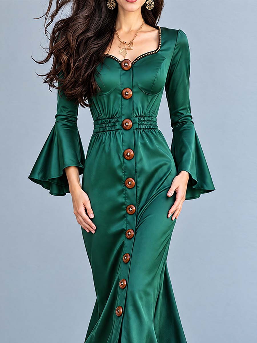 Vestido largo esmeralda estilo nómada con botones delanteros