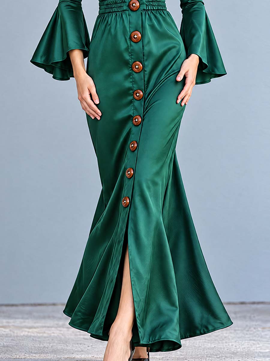 Vestido largo esmeralda estilo nómada con botones delanteros