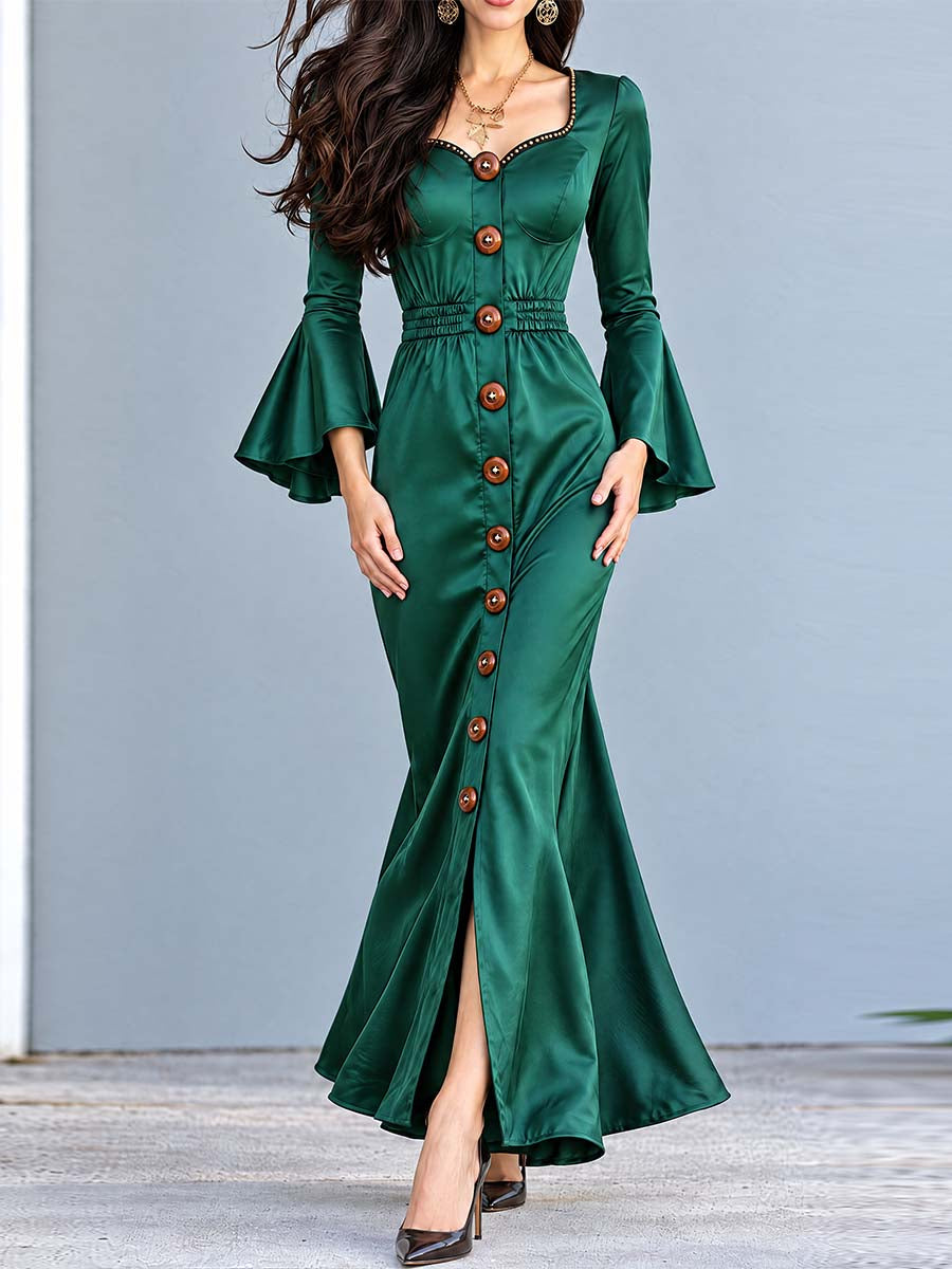Vestido largo esmeralda estilo nómada con botones delanteros