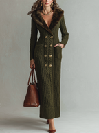 Vestido largo vintage verde oliva de punto trenzado con cuello de piel sintética