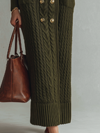 Vestido largo vintage verde oliva de punto trenzado con cuello de piel sintética