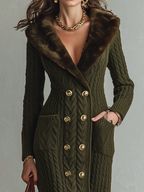 Vestido largo vintage verde oliva de punto trenzado con cuello de piel sintética