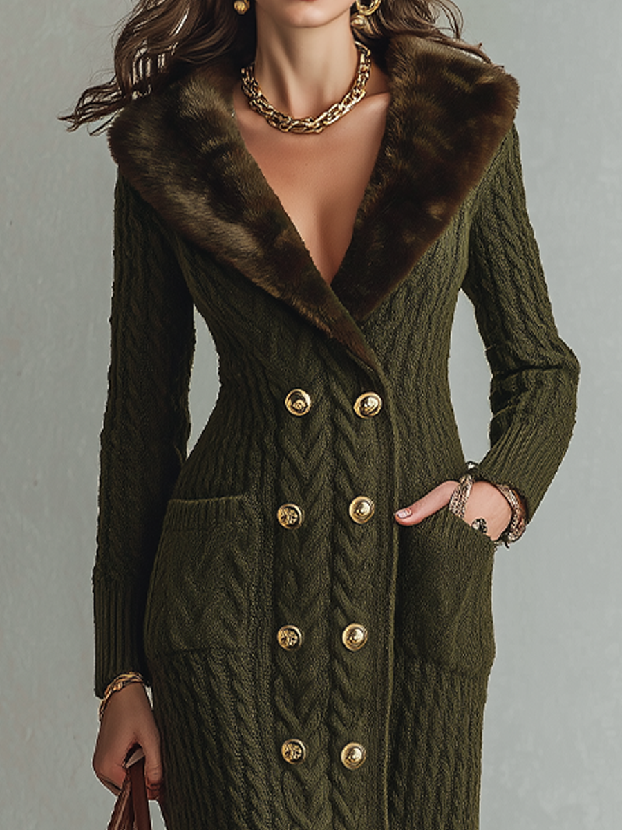 Vestido largo vintage verde oliva de punto trenzado con cuello de piel sintética