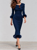Vestido midi bohemio vintage color azul medianoche con ribete de piel