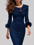 Vestido midi bohemio vintage color azul medianoche con ribete de piel