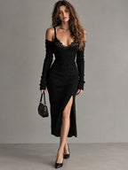 Vestido midi negro romántico de punto acanalado con busto de encaje y abertura alta