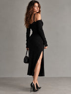 Vestido midi negro romántico de punto acanalado con busto de encaje y abertura alta