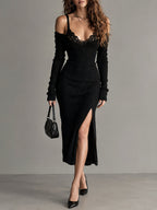 Vestido midi negro romántico de punto acanalado con busto de encaje y abertura alta
