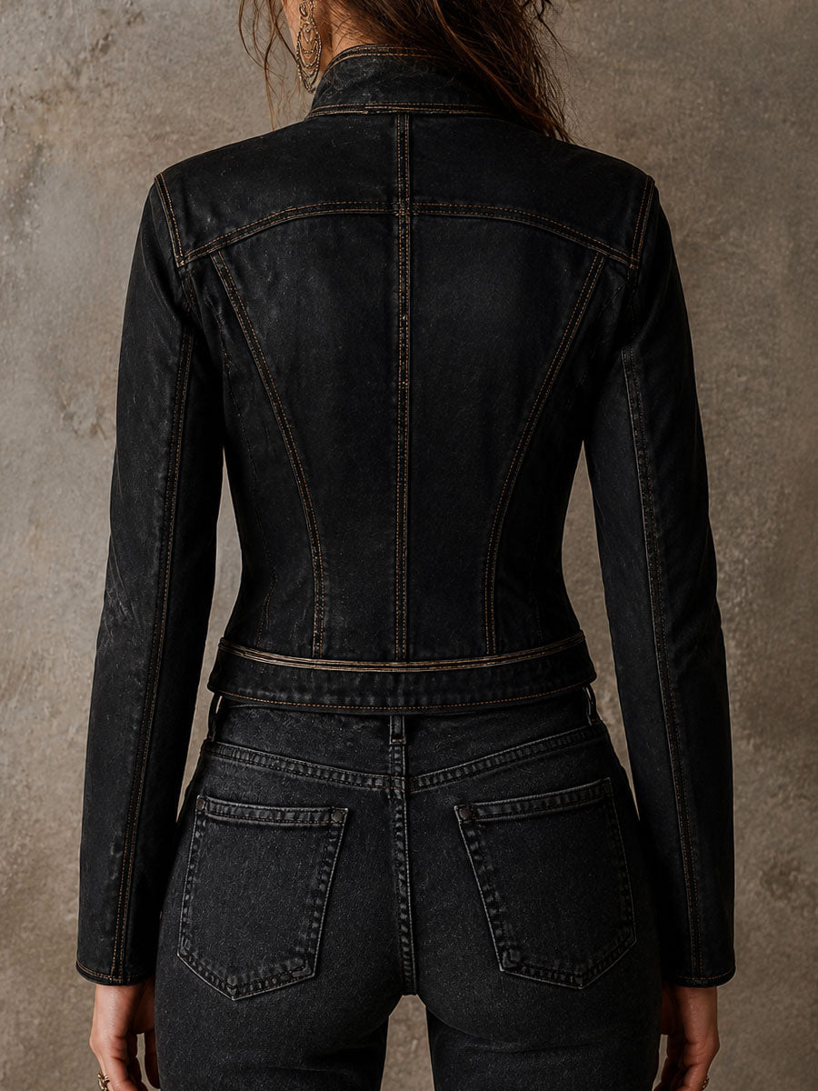 Chaqueta militar vintage de piel sintética con detalles dorados