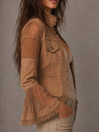Chaqueta bohemia vintage transparente de manga larga acampanada, con ribete de encaje, bolsillos y diseño patchwork