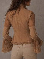 Chaqueta bohemia vintage transparente de manga larga acampanada, con ribete de encaje, bolsillos y diseño patchwork