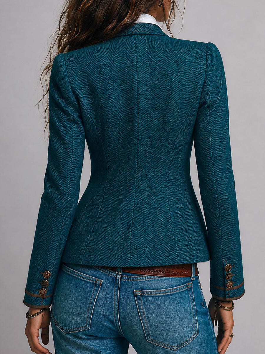 Blazer entallado retro de tweed de espiga con ribete en contraste