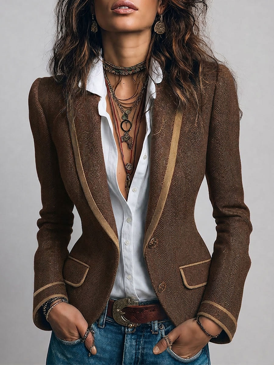 Blazer entallado retro de tweed de espiga con ribete en contraste