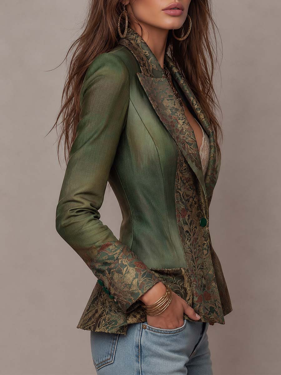 Blazer entallado verde oliva de un solo botón, con solapas y puños en contraste de tapiz floral vintage