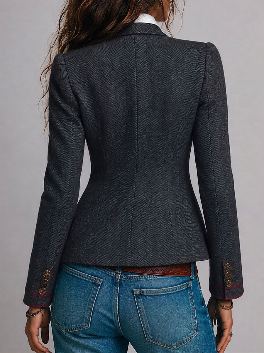 Blazer entallado retro de tweed de espiga con ribete en contraste