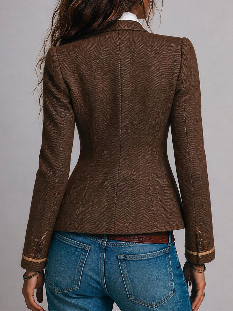 Blazer entallado retro de tweed de espiga con ribete en contraste