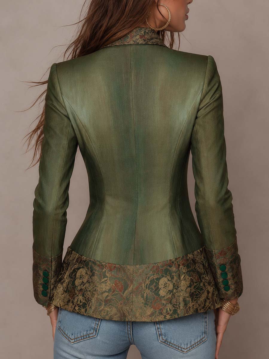 Blazer entallado verde oliva de un solo botón, con solapas y puños en contraste de tapiz floral vintage
