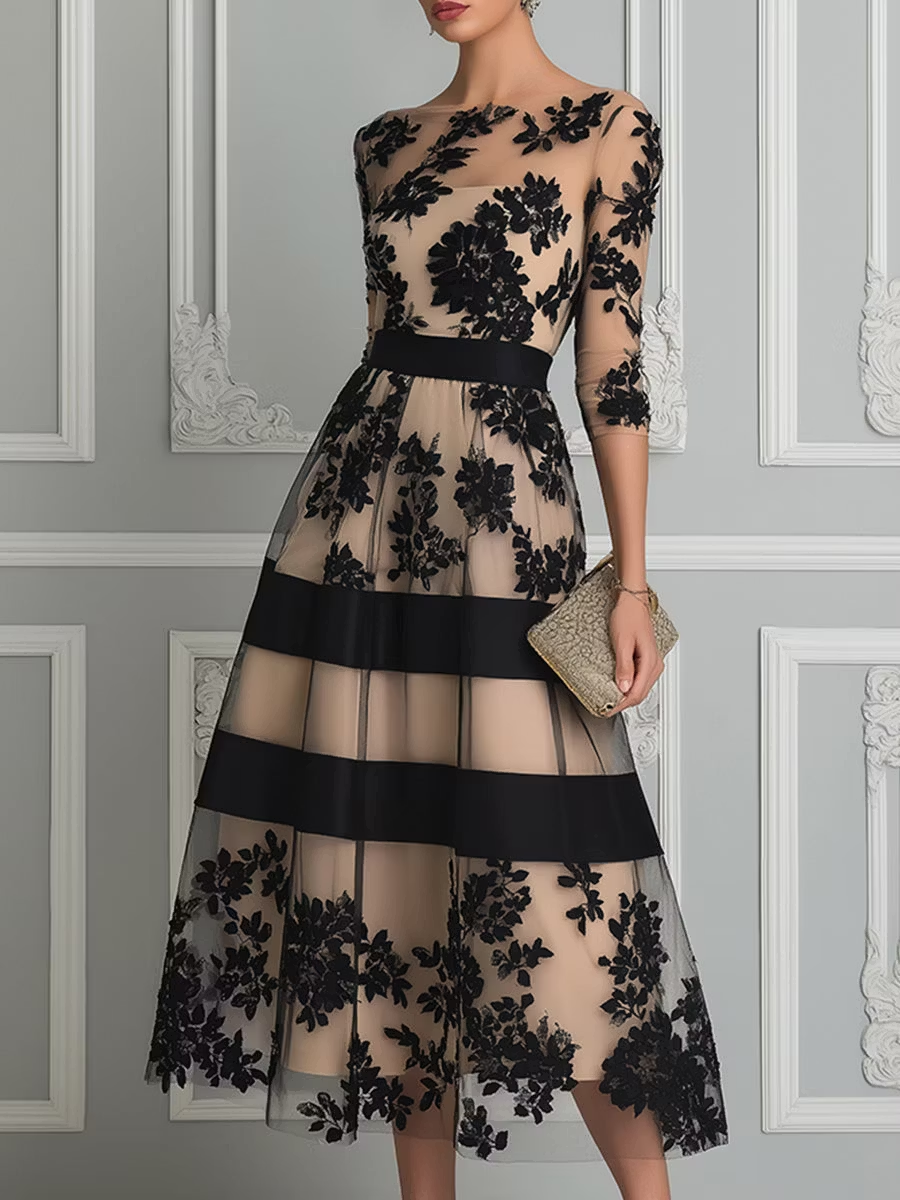 Vestido Midi Elegante de Encaje Negro