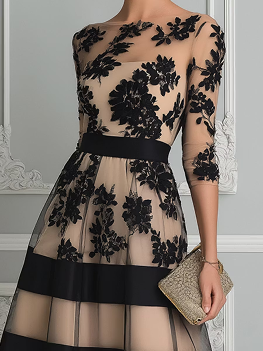 Vestido Midi Elegante de Encaje Negro