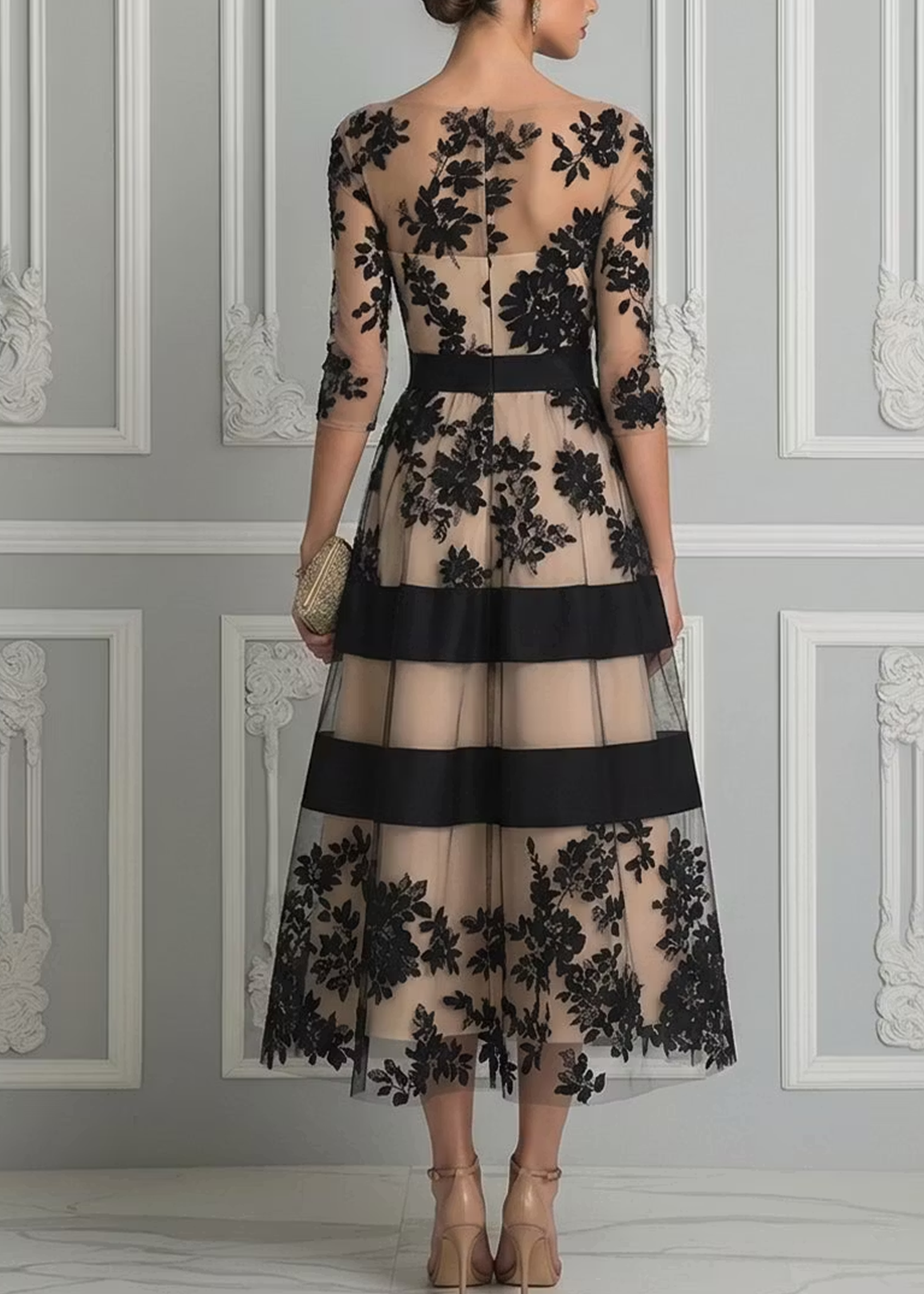 Vestido Midi Elegante de Encaje Negro