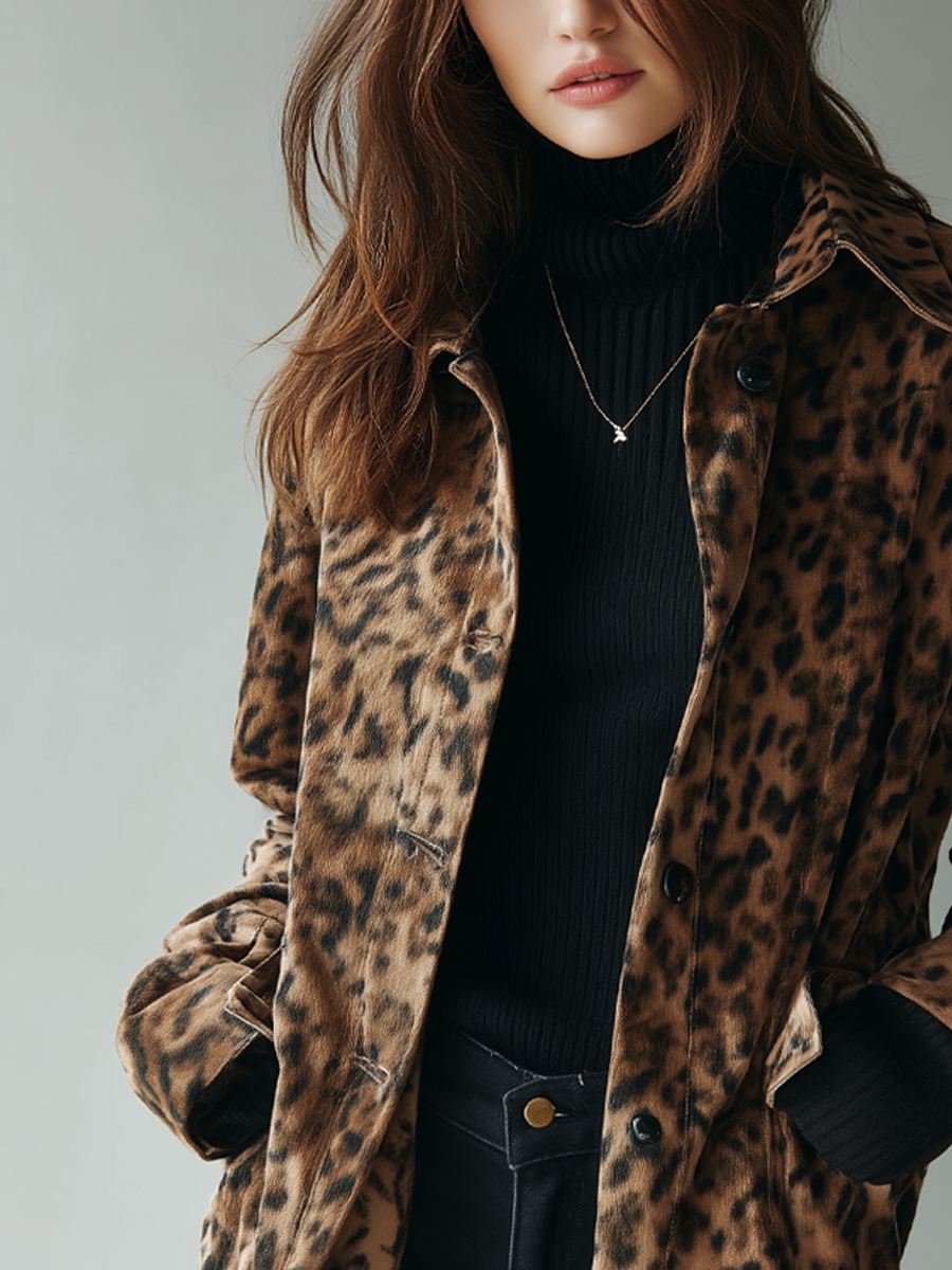 Chaqueta vintage de ante ecológico con estampado de leopardo