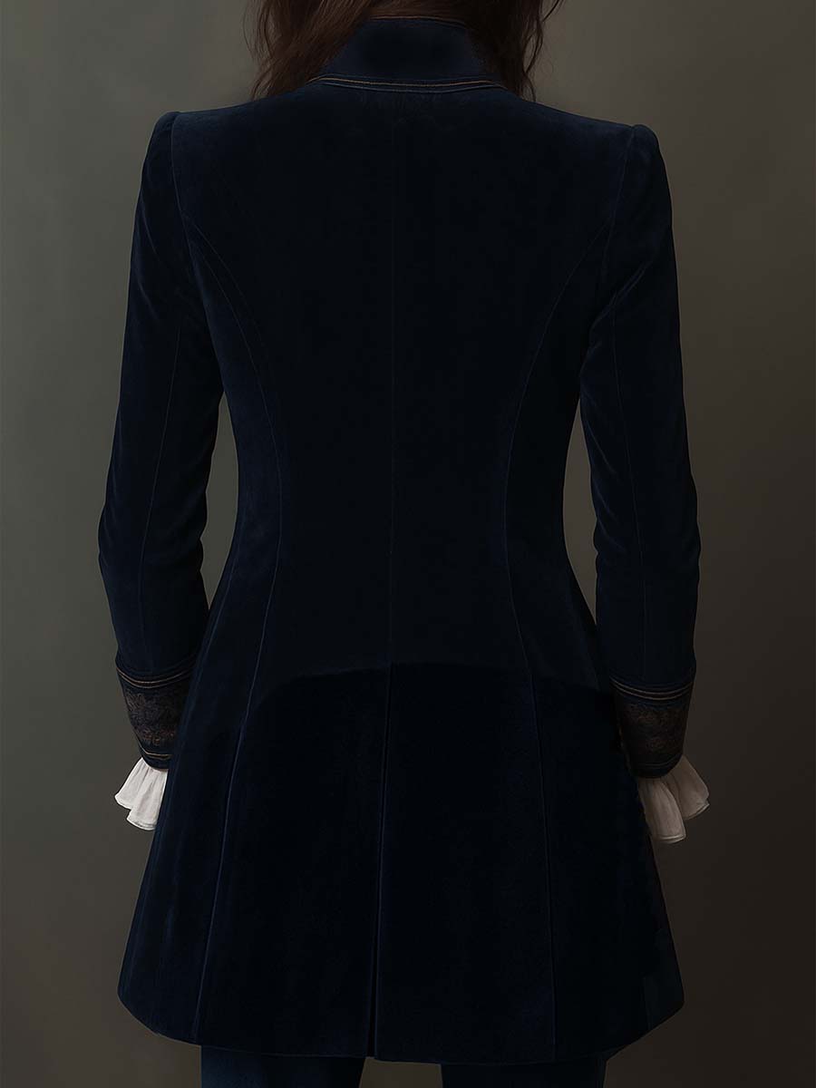 Chaqueta larga vintage de terciopelo de poliéster azul marino con bordado
