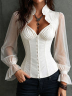 Blusa corsé romántica retro blanca con mangas transparentes y cuello con volantes