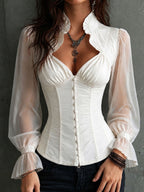 Blusa corsé romántica retro blanca con mangas transparentes y cuello con volantes
