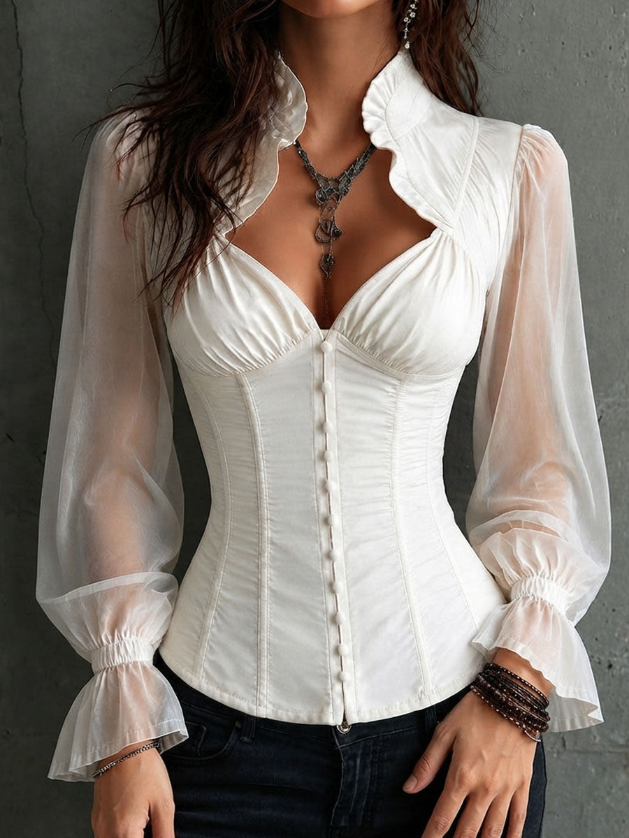 Blusa corsé romántica retro blanca con mangas transparentes y cuello con volantes