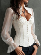 Blusa corsé romántica retro blanca con mangas transparentes y cuello con volantes