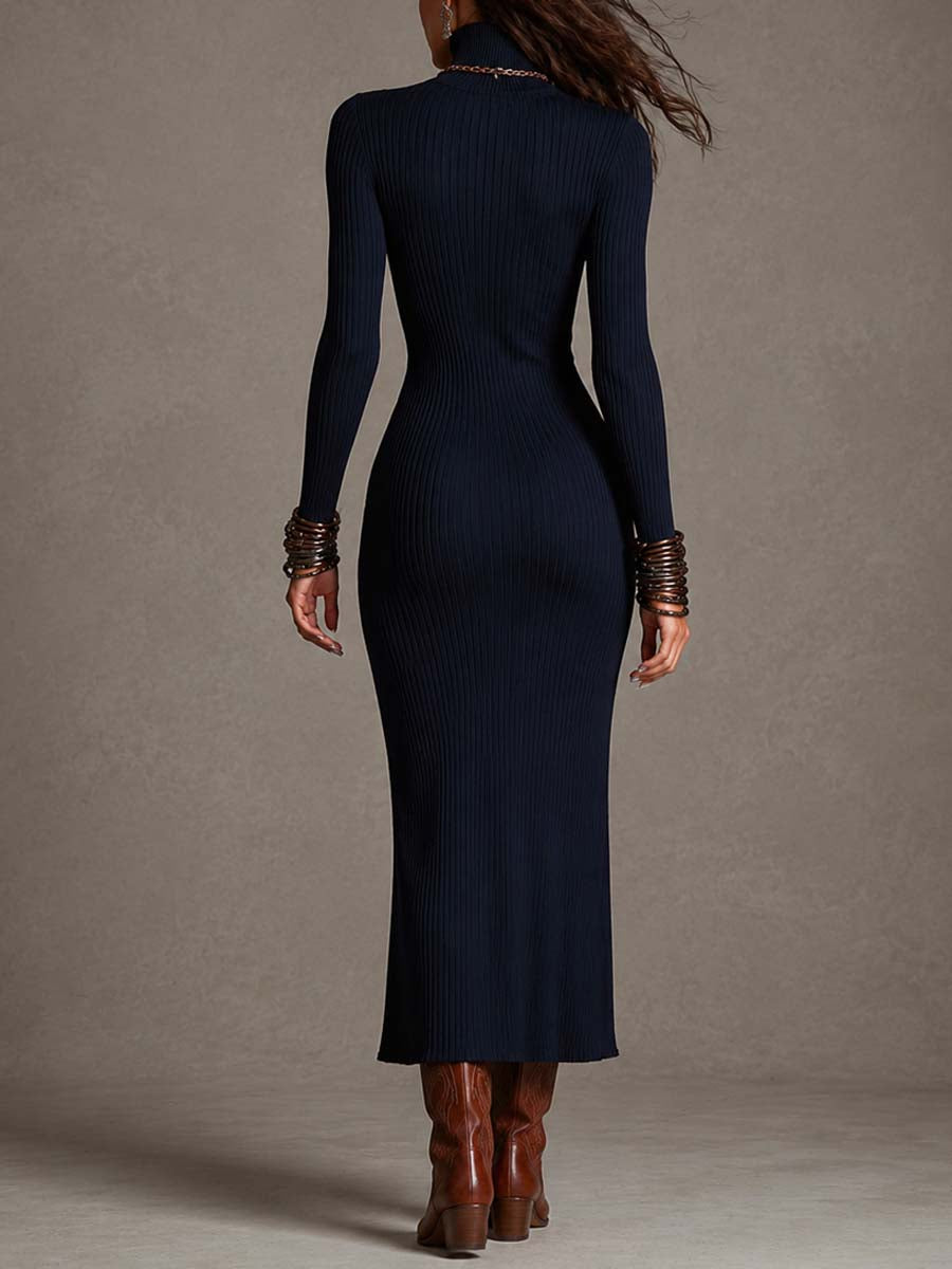 Vestido midi azul marino de punto acanalado vertical, entallado, con cuello alto, abertura frontal tipo ojo de cerradura, cremallera lateral y abertura lateral