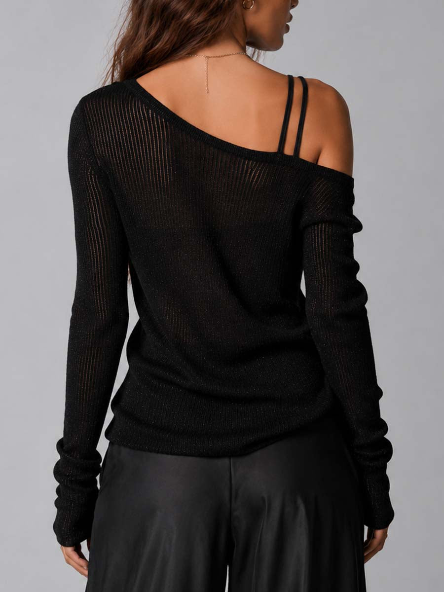 Blusa de punto acanalado semitransparente con brillo negro, corte asimétrico, hombro descubierto y doble tirante fino