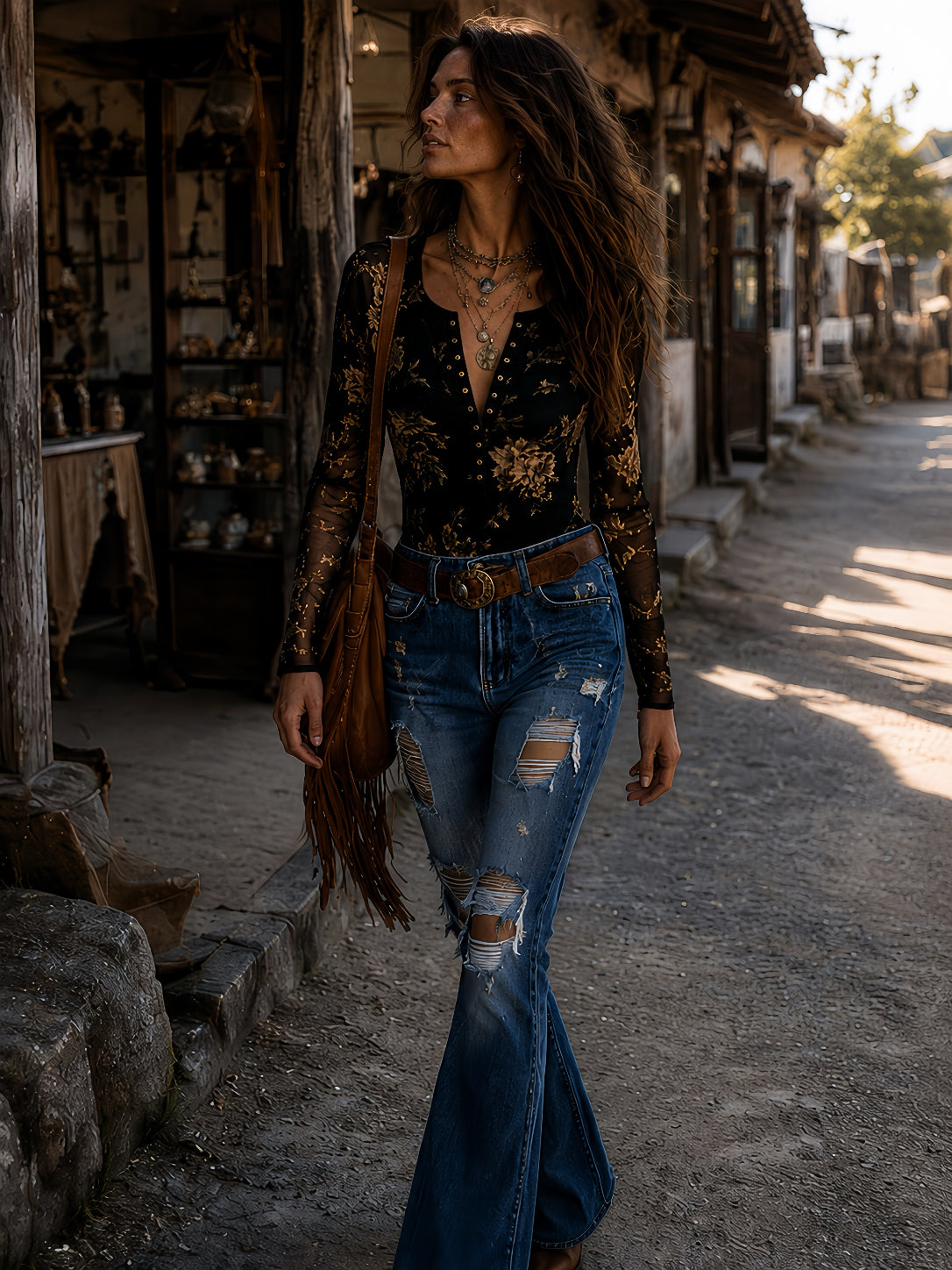 Blusa boho retro de malla transparente con estampado floral y cierre frontal de botones tipo Henley