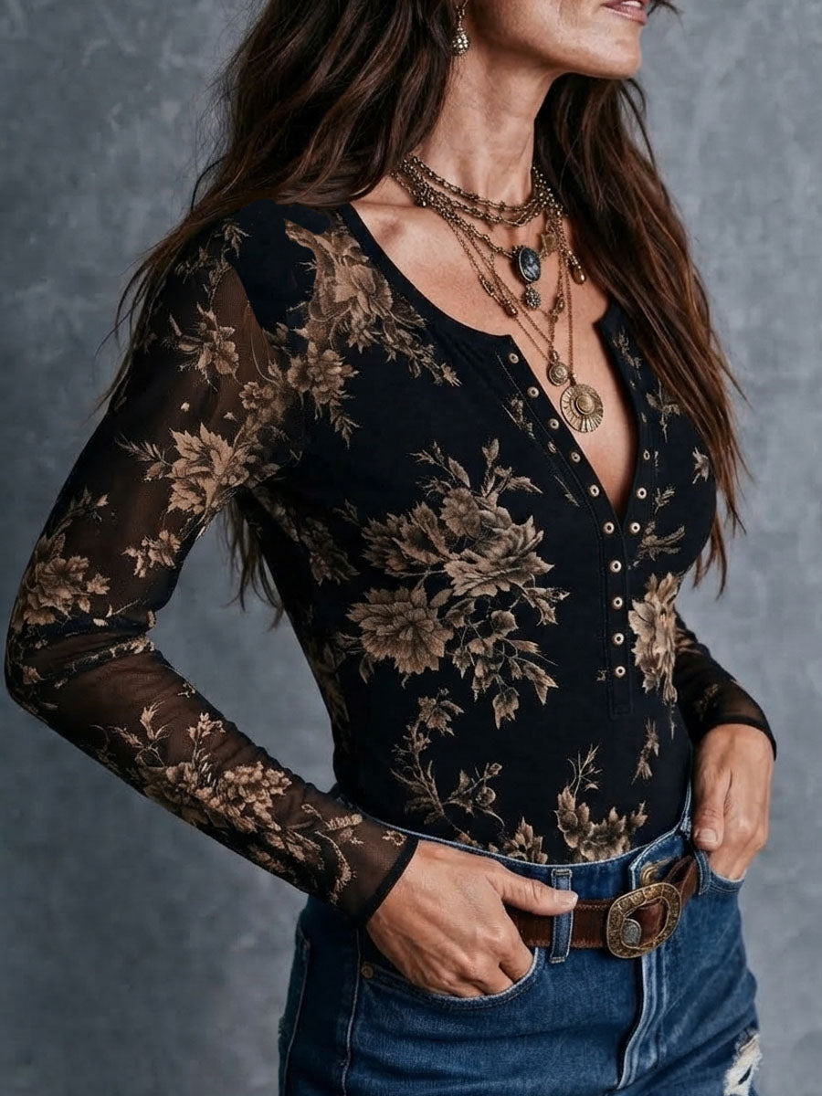 Blusa boho retro de malla transparente con estampado floral y cierre frontal de botones tipo Henley