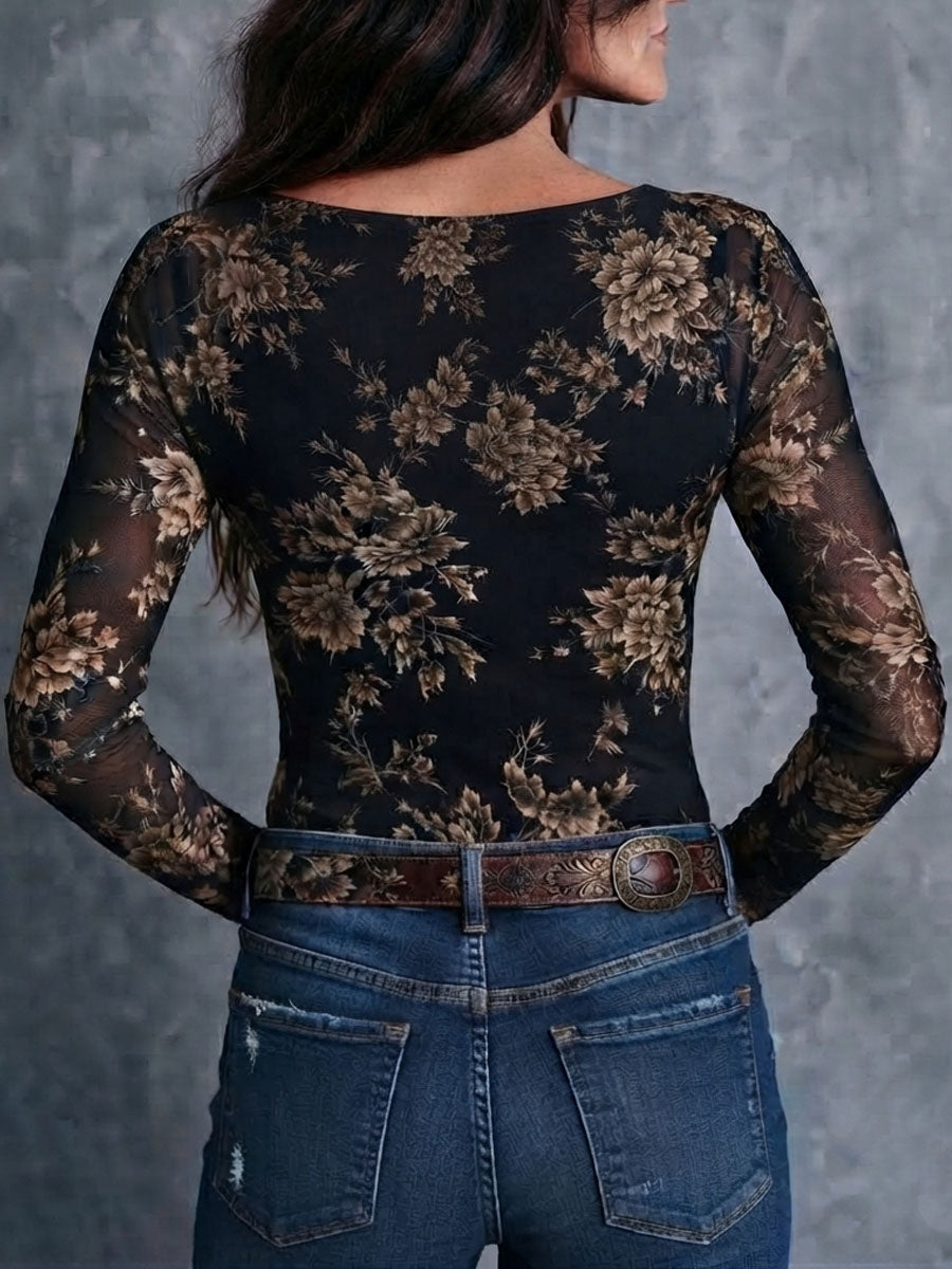 Blusa boho retro de malla transparente con estampado floral y cierre frontal de botones tipo Henley
