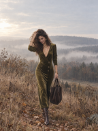 Elegante vestido largo verde oliva de doble botonadura